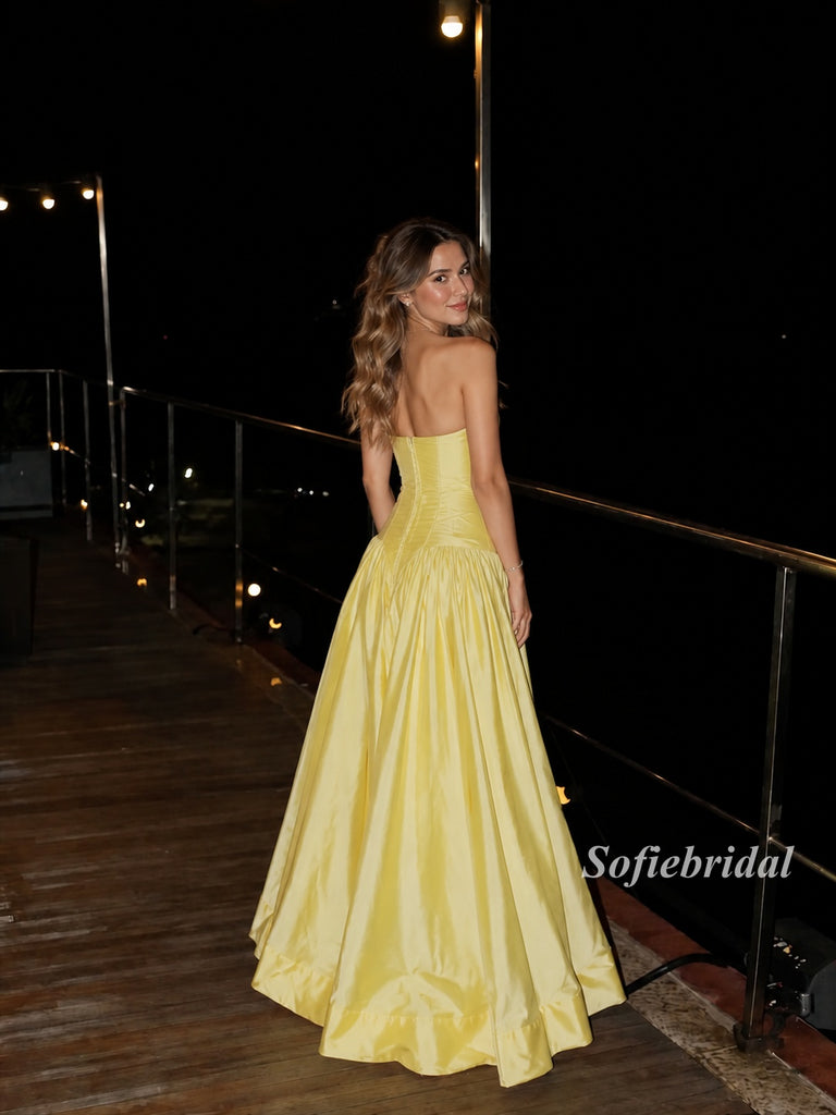 Pale Yellow Strapless Sweetheart Satin A-Line Gown, Corset Bodice Formal Evening Dress, PD13938