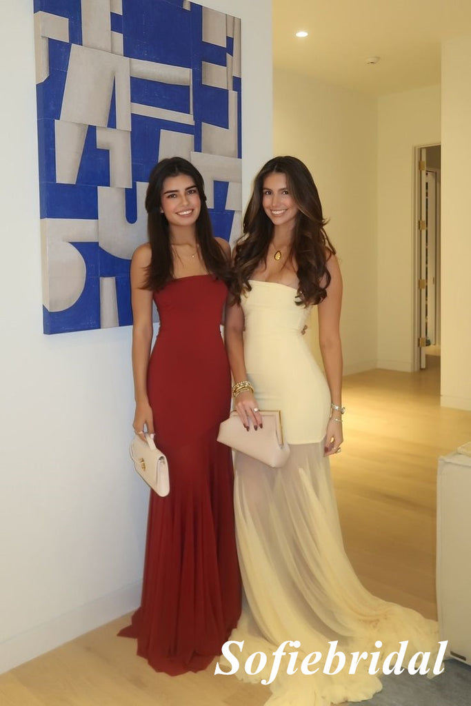 Strapless Pale Yellow Crepe Tulle Mermaid Prom Dress with Sheer Skirt, PD01238