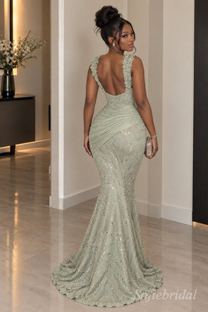 The Sage Blossom | Hand-Beaded Floral Appliqué Mermaid Gown — Deep V-Neck Floor-Length Evening Dress,PD1370
