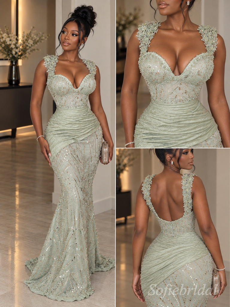 The Sage Blossom | Hand-Beaded Floral Appliqué Mermaid Gown — Deep V-Neck Floor-Length Evening Dress,PD1370