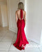 Sexy Red Soft Satin Halter V-Neck Mermaid Long Prom Dresses, PD0977