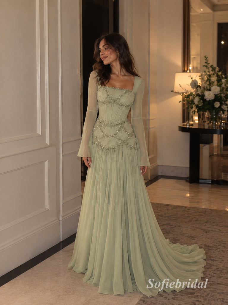 Sage Green Long Sleeve Beaded Tulle A-Line Dress, Square Neck Floor Length Formal Gown,PD13908