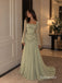 Sage Green Long Sleeve Beaded Tulle A-Line Dress, Square Neck Floor Length Formal Gown,PD13908