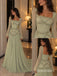Sage Green Long Sleeve Beaded Tulle A-Line Dress, Square Neck Floor Length Formal Gown,PD13908