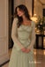 Sage Green Long Sleeve Beaded Tulle A-Line Dress, Square Neck Floor Length Formal Gown,PD13908