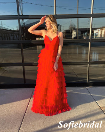 Sexy Red Tulle Spaghetti Straps V-Neck Sleeveless A-Line Floor Length Prom Dress, PD01097