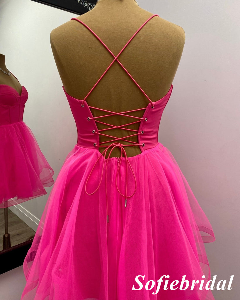 Sexy Hot Pink Spaghetti Straps Sleeveless Criss Cross A-Line Mini Dresses/ Homecoming Dresses, HD0299