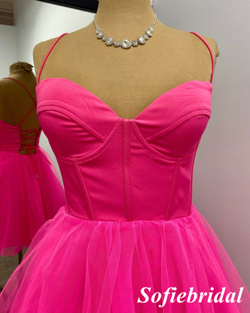 Sexy Hot Pink Spaghetti Straps Sleeveless Criss Cross A-Line Mini Dresses/ Homecoming Dresses, HD0299