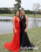 Sexy Red Lace And Tulle Halter V-Neck Sleeveless Mermaid Long Prom Dresses, PD0999
