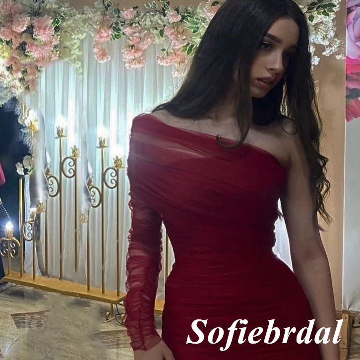 Sexy Red Tulle One Shoulder Long Sleeve Sheath Knee Length Prom Dress, PD01018