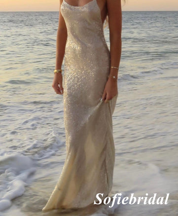 Sparkly Spaghetti Straps Sleeveless Mermaid Long Prom Dresses, PD0987