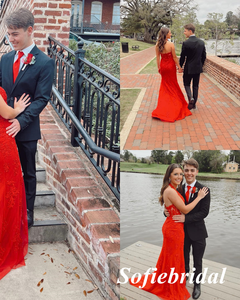 Sexy Red Lace And Tulle Halter V-Neck Sleeveless Mermaid Long Prom Dresses, PD0999