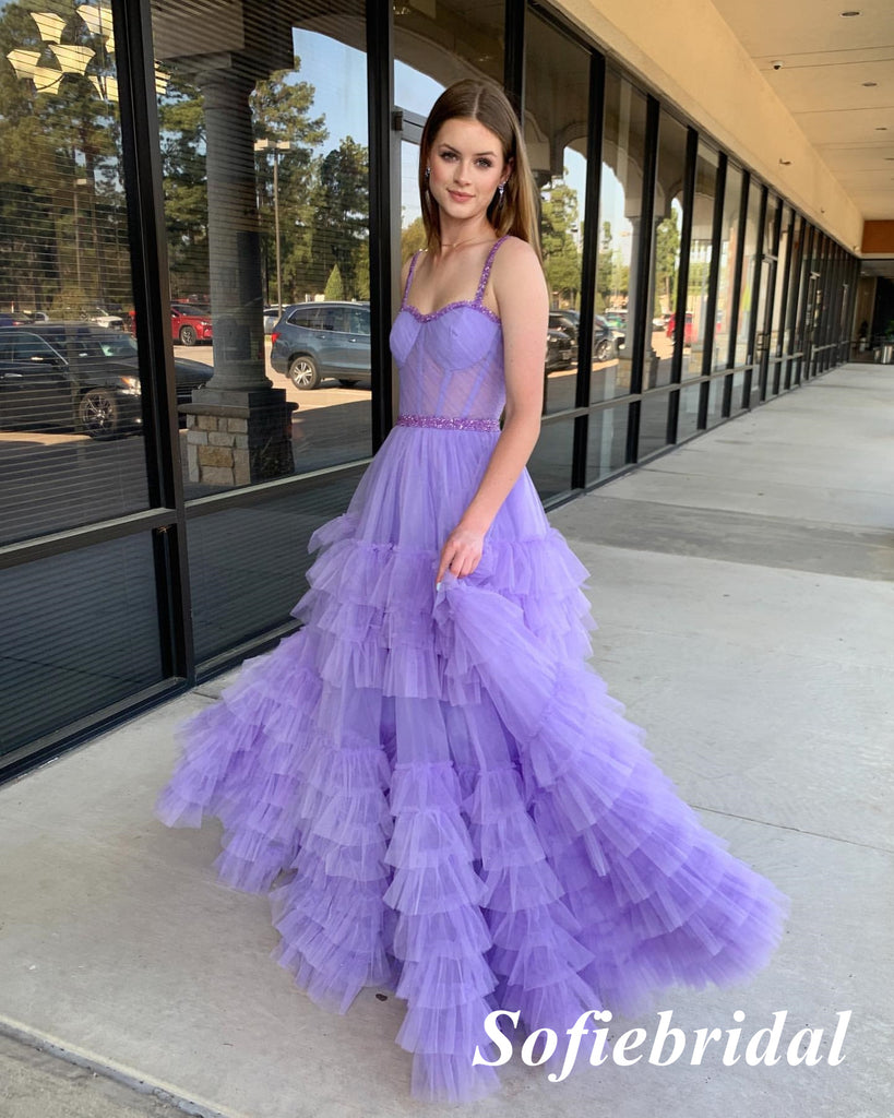 Sexy Purple Tulle Spaghetti Straps Sleeveless A-Line Floor Length Prom Dress, PD01045