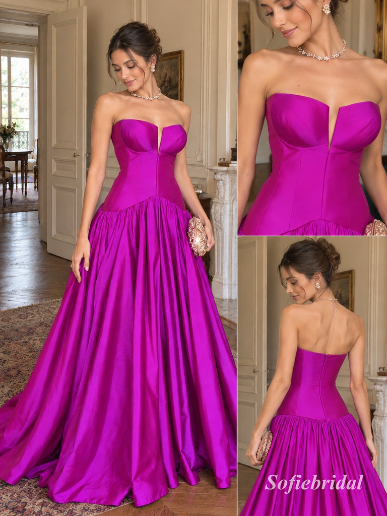 Fuchsia Strapless Deep V Satin A-Line Dress, Corset Floor Length Formal Gown, PD13910