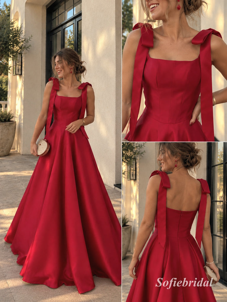 Red Square Neck Bow Strap Satin A-Line Dress, Corset Floor Length Formal Gown, PD13911
