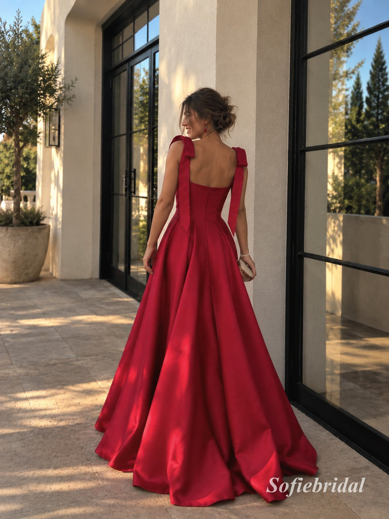 Red Square Neck Bow Strap Satin A-Line Dress, Corset Floor Length Formal Gown, PD13911