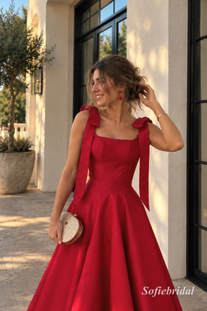 Red Square Neck Bow Strap Satin A-Line Dress, Corset Floor Length Formal Gown, PD13911