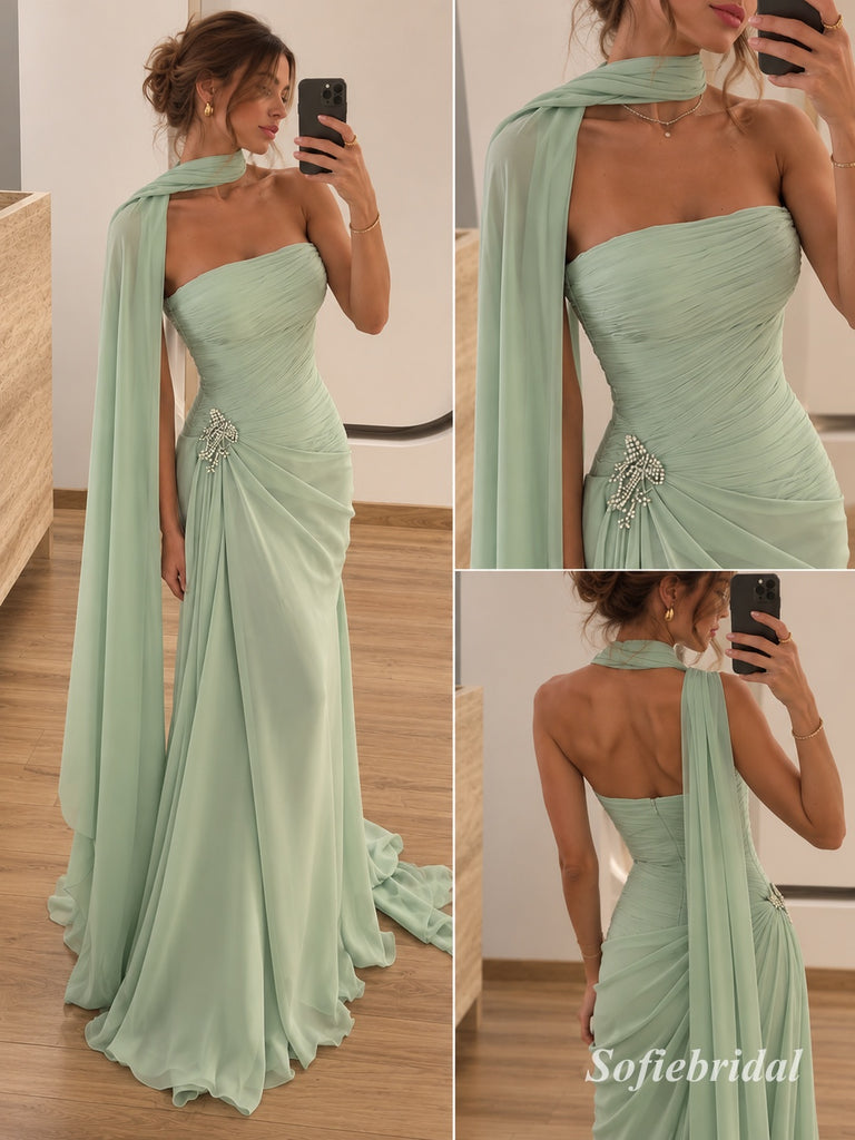 Sage Green One Shoulder Cape Chiffon Mermaid Dress, Ruched Floor Length Formal Gown, PD13912