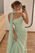 Sage Green One Shoulder Cape Chiffon Mermaid Dress, Ruched Floor Length Formal Gown, PD13912