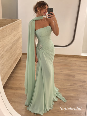 Sage Green One Shoulder Cape Chiffon Mermaid Dress, Ruched Floor Length Formal Gown, PD13912