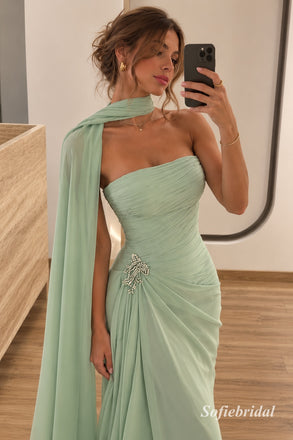 Sage Green One Shoulder Cape Chiffon Mermaid Dress, Ruched Floor Length Formal Gown, PD13912