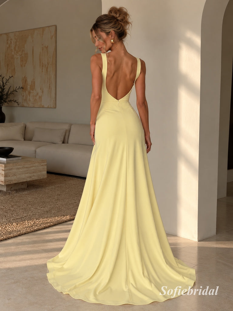 Pale Yellow Sweetheart Wide Strap Chiffon A-Line Dress, Flared Floor Length Formal Gown, PD13913