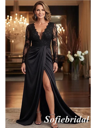 Elegant Black Satin Lace Mother of the Bride Dress Long Sleeve Formal Evening Gown, SFM016