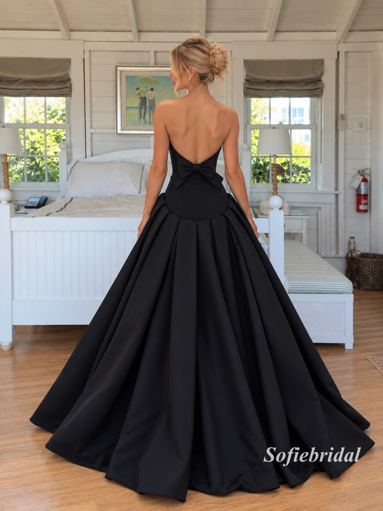 Black Strapless Tube Top A-Line Satin Gown, Simple Minimalist Formal Prom Dress, PD13949