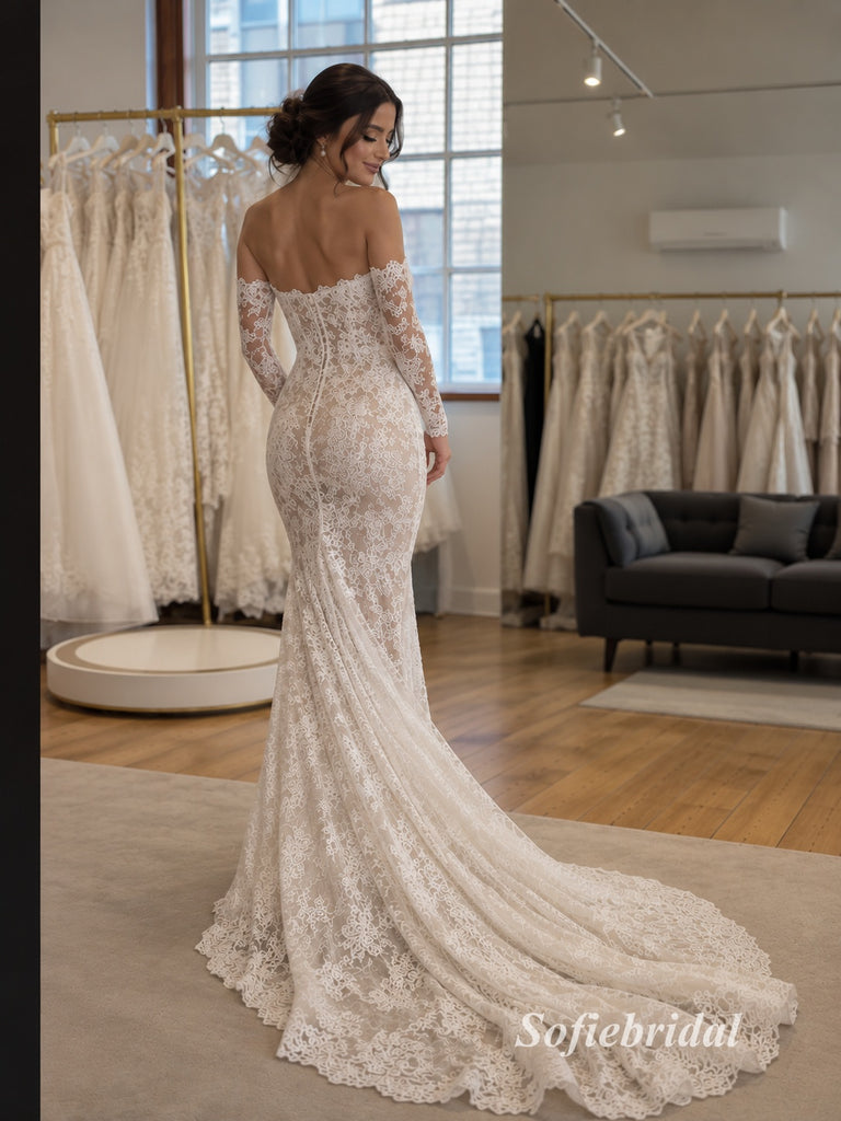 Off Shoulder Long Sleeve Lace Mermaid Wedding Dress, Low Back Sheer Lace Bridal Gown, SFWD0138