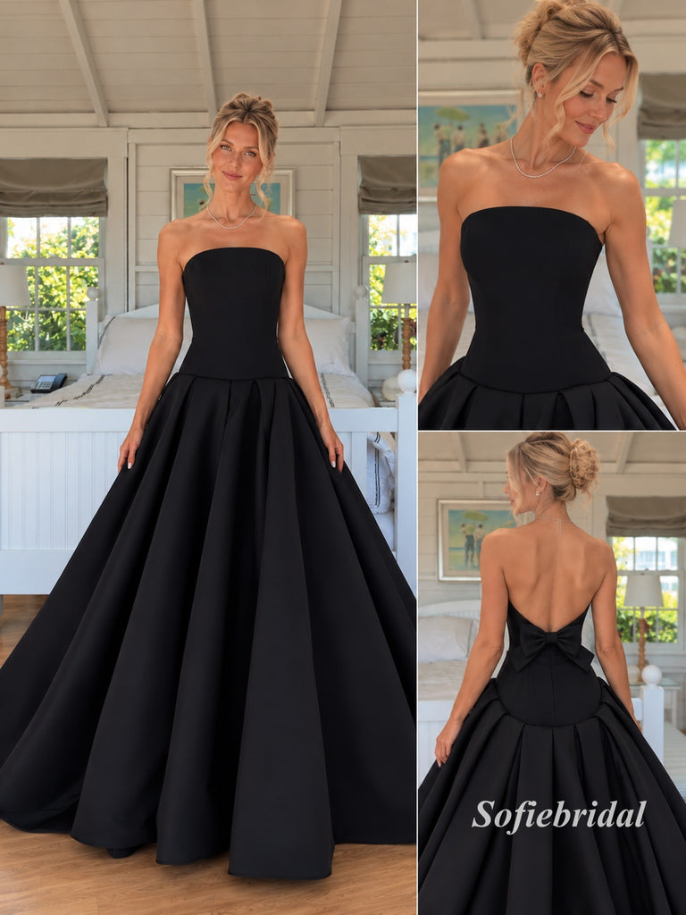 Black Strapless Tube Top A-Line Satin Gown, Simple Minimalist Formal Prom Dress, PD13949