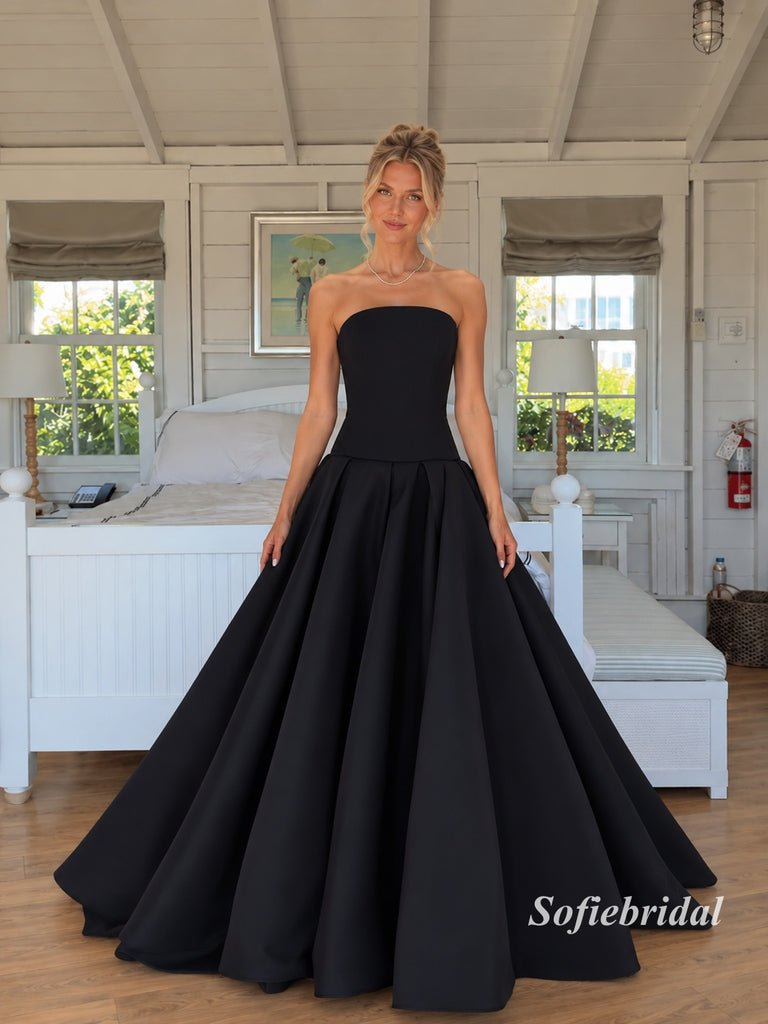 Black Strapless Tube Top A-Line Satin Gown, Simple Minimalist Formal Prom Dress, PD13949