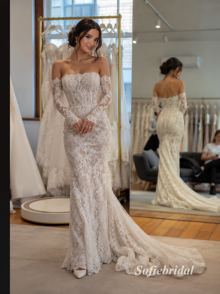 Off Shoulder Long Sleeve Lace Mermaid Wedding Dress, Low Back Sheer Lace Bridal Gown, SFWD0138
