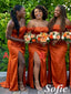 Sexy Satin Burnt-Orange One Shoulder Side Slit Mermaid Bridesmaid Dress For Fall Wedding Party, SFWG00629