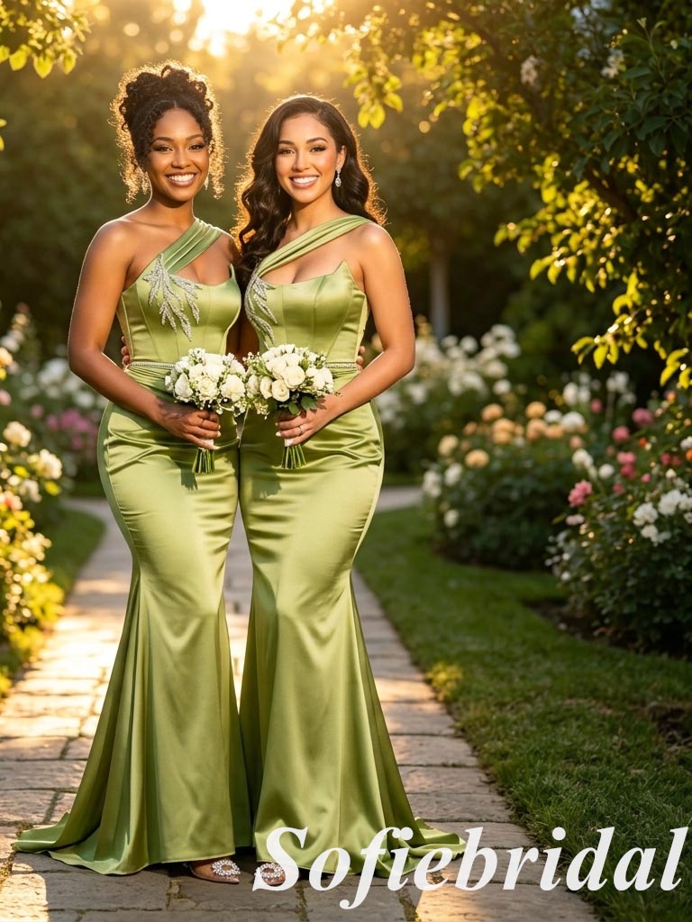 Elegant Olive Green Soft Satin One Shoulder Mermaid Bridesmaid Dresses with Appliques, SFWG00630