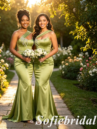 Elegant Olive Green Soft Satin One Shoulder Mermaid Bridesmaid Dresses with Appliques, SFWG00630