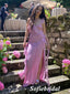 Sexy Pink Chiffon Spaghetti Straps V-Neck Sleeveless Side Slit Mermaid Floor Length Prom Dress, PD01065