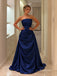 Royal Blue Strapless Ruched Satin Evening Dress, Draped Formal Prom Gown, PD13929