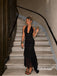 Black Halter Deep V Ruched Chiffon Midi Formal Evening Dress, PD13969