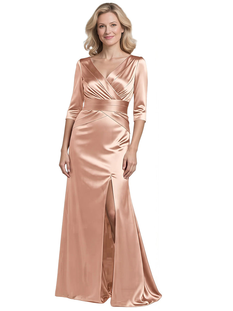 Elegant Soft Satin Half Sleeves Floor-Length Side Slit Mermaid Mother Of The Bride Dresses, SFM004