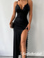 Sexy Black Satin And Lace Spaghetti Straps V-Lace Sleeveless Side Slit Mermaid Long Prom Dresses, PD0928