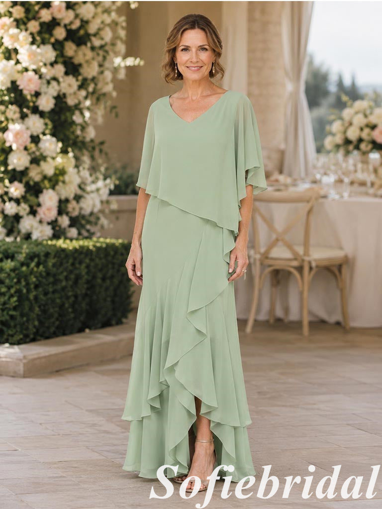 Sage Green Chiffon V-Neck Layered Mother of the Bride Dress, SFM017