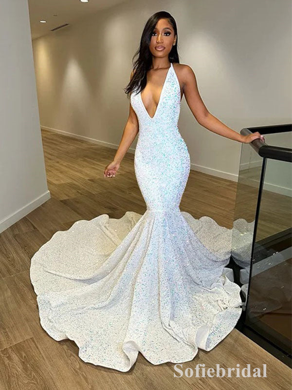 Sexy Sequin V-Neck Sleeveless Lace Up Back Mermaid Long Prom Dresses, SofieBridal Sexy Sequin V-Neck Sleeveless Lace Up Back Mermaid Long Prom Dresses, SofieBridal