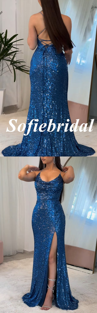 Sexy Royal Blue Sequin Spaghetti Straps Sleeveless Side Slit Mermaid Floor Length Prom Dress, PD01079
