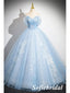 Elegant Tulle Off Shoulder Sleeveless A-Line Lace Up Back Prom Dress With Applique, PD01034
