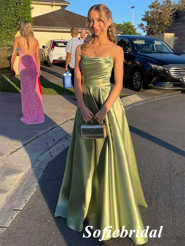 Elegant Olive Green Satin Strapless A-Line Ball Gown Prom Dress with Pleated Bodice, PD01240