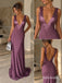 Dusty Purple Deep V Satin Mermaid Dress, Low Back Floor Length Formal Gown, PD13914