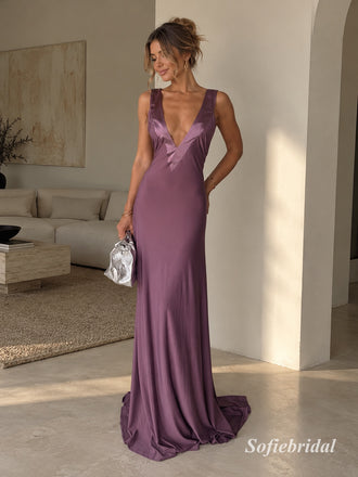 Dusty Purple Deep V Satin Mermaid Dress, Low Back Floor Length Formal Gown, PD13914