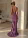 Dusty Purple Deep V Satin Mermaid Dress, Low Back Floor Length Formal Gown, PD13914