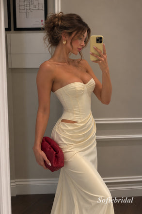 Cream Ivory Strapless Corset Satin Mermaid Dress, Waist Cutout Floor Length Formal Gown,PD13916