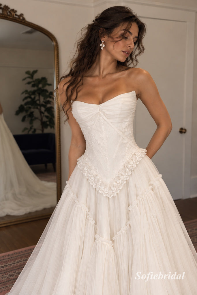 Strapless Lace Tulle Wedding Dress, Corset Bodice Floor Length A-Line Bridal Gown,SFWD0124